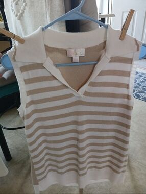Cream & Tan Striped Sleeveless Polo Sweater Vest Size Small
